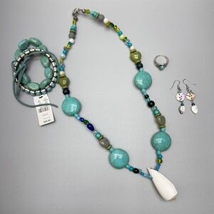 Jewelry Lot Silver Tone Blue Bead Necklace Ring Earrings Bracelet Beach Boho